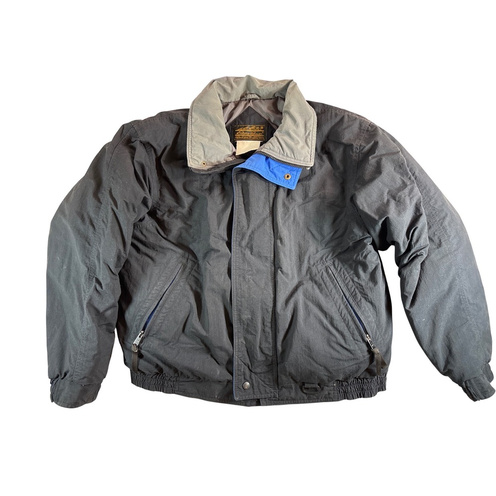 Vintage Eddie Bauer Goose Down Puffer Jacket Black Blue Grey Mens XL Coat